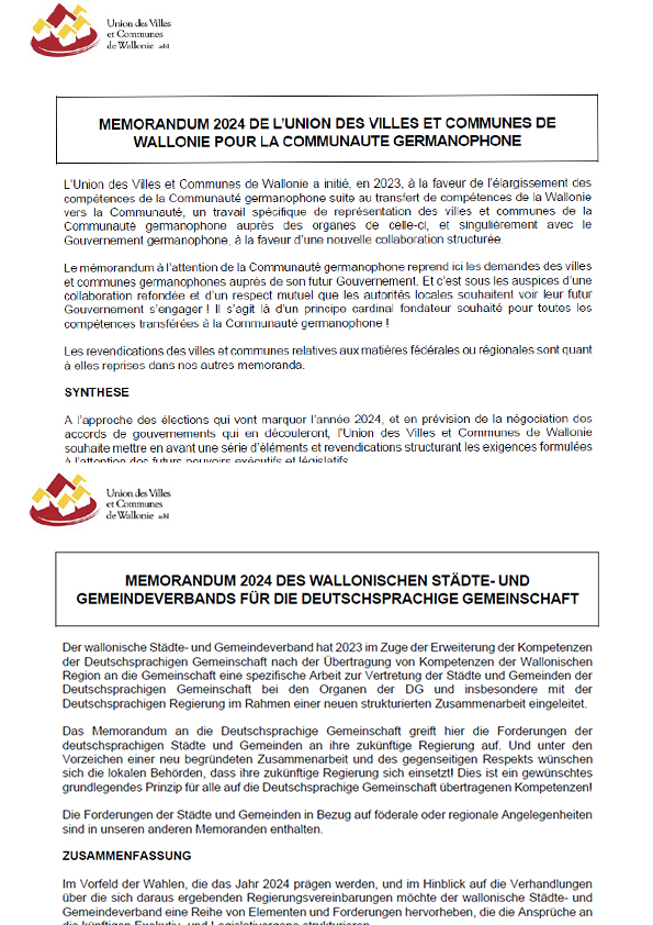 Cover: Mémorandum 2024 de l'UVCW pour la Communauté germanophone - Memorandum 2024 des wallonischen Städte- und Gemeindeverbands für die Deutschsprachige Gemeinschaft